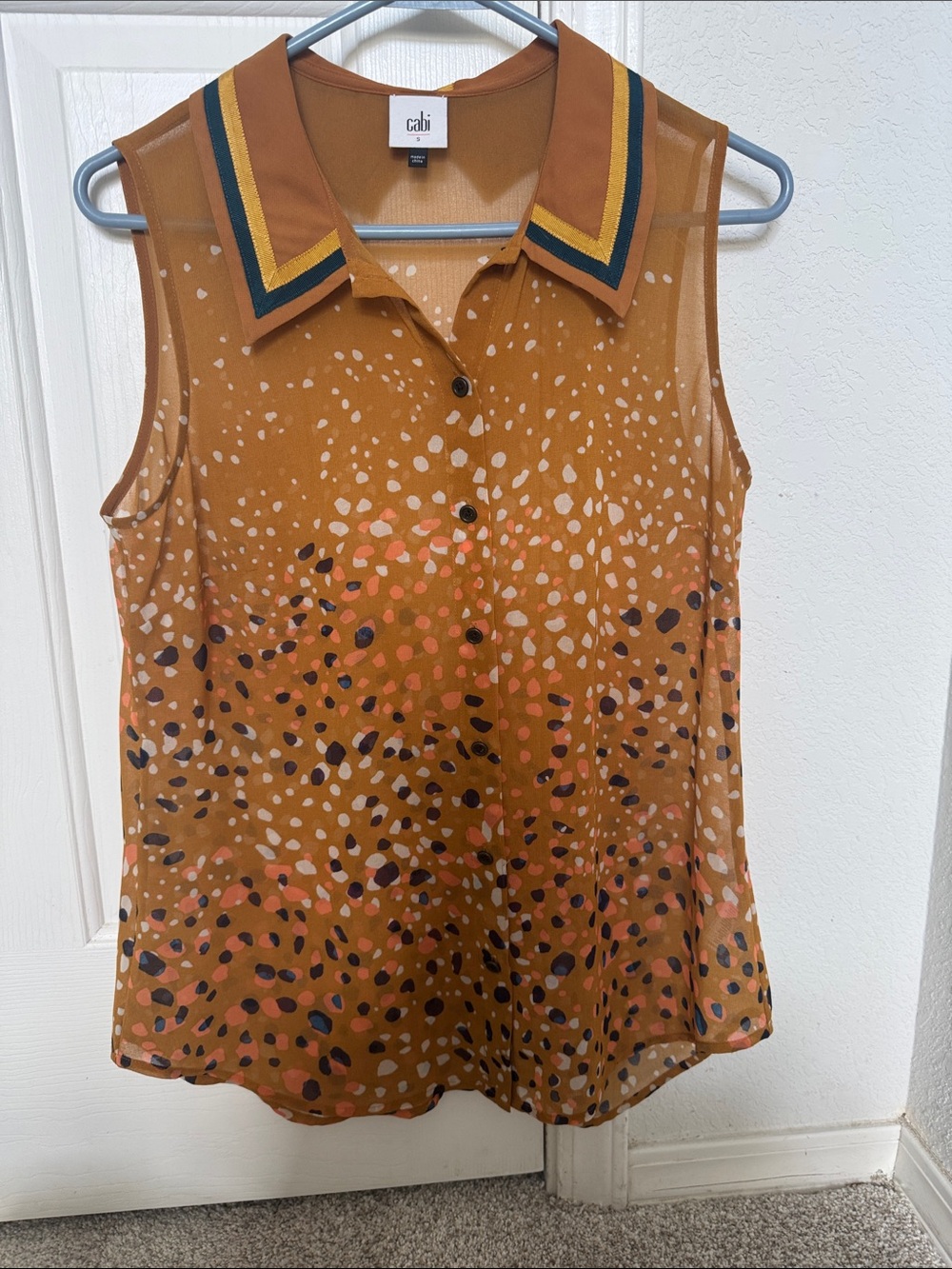 CAbi Rust Printed Sleeveless Collared Shell with Striped Trim